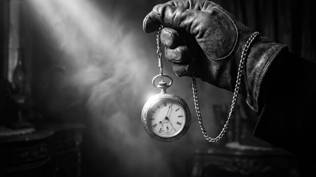Gloved hand holding an antique pocket watch in a beam of light. Cinematic black and white close-up with smoke and dramatic lighting. Concept of time passing, hypnosis, or mystery