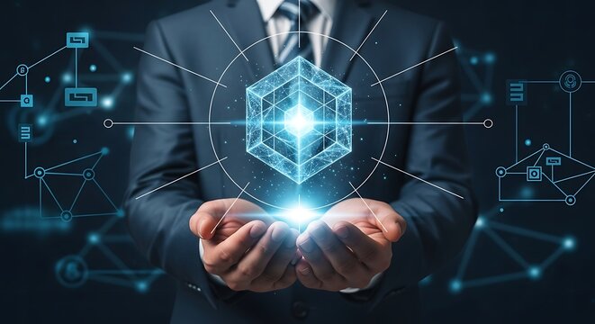 Businessman presenting digital cube with network connections in futuristic office, symbolizing innovation and technological advancement.