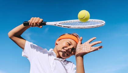 Joyful Child Tennis Player Sports Action Blue Sky Low Angle