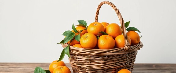 A rustic wicker basket overflowing with bright, juicy oranges, composition, nature