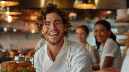 Obraz premium Professional chef grinning while leading kitchen team, preparing gourmet dishes with coordinated energy and collaborative spirit during busy dinner service