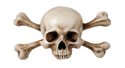 A stark white human skull and crossed bones against a black background