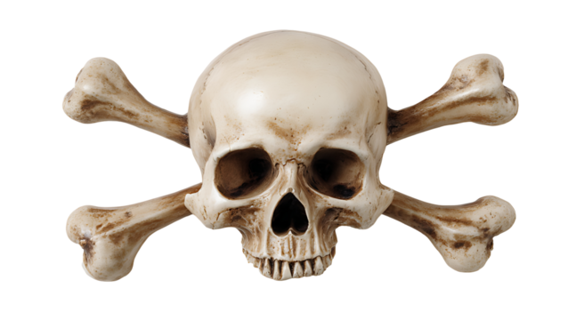A stark white human skull and crossed bones against a black background