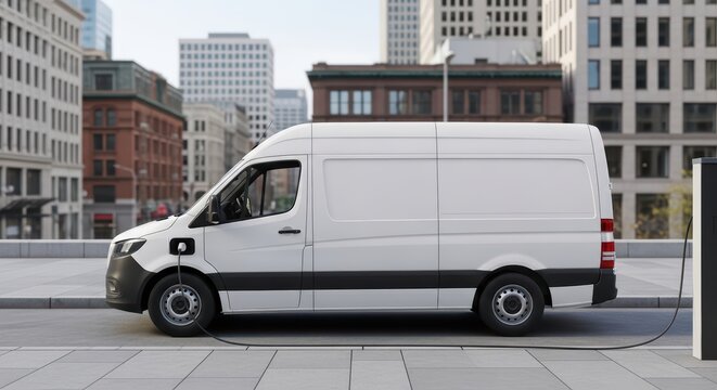 Electric delivery van charging in urban setting with modern architecture