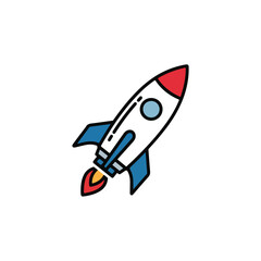 Cartoon Rocket Ship Illustration with Blue, Red, White, and Black Outline