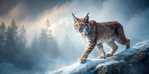 A Majestic Lynx Stalks Across a Snowy Mountain Ridge in a Dreamlike Winter Scene