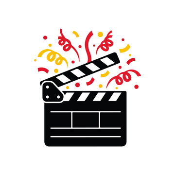 Clapperboard with Confetti, Celebration, and Film Start Icon