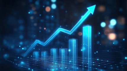A glowing blue arrow pointing upwards on an abstract bar graph symbolizing growth and business success in the digital world with a futuristic background.