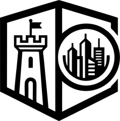 Black and white hexagonal emblem featuring a castle tower with a flag on the left and a modern cityscape on the right, symbolizing historical and urban development.