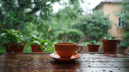 close up a cup of coffee on the table with a panoramic view of the rainy front of the house,