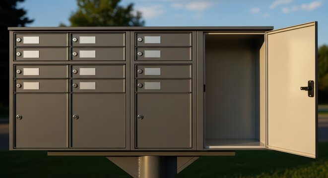 Large outdoor community mailbox with open door displaying empty compartment