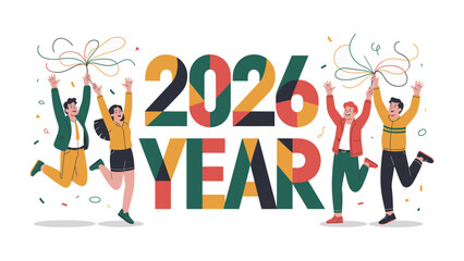 Cheers to 2026: A vibrant illustration depicts a jubilant group of individuals celebrating the arrival of the year 2026 with an atmosphere of optimism and hope.