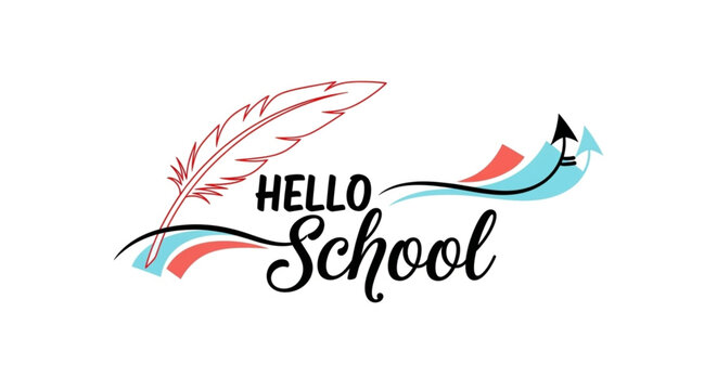 Welcome back to school! Fresh start, new beginnings with stylish Hello School design featuring a quill and upward trending arrows for success