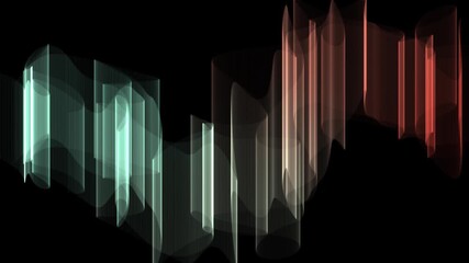 Abstract graphic representation of a sound wave with aqua and red hues against