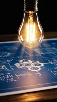 Lit Light Bulb Shining Down on Blueprint with Detailed Mechanical Drawings and Wooden Surface