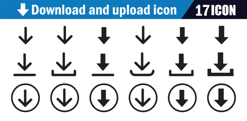 Download icon set. Vector collection of 18 black arrow and circular button symbols for data transfer.
