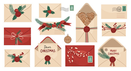 A charming collection of vintage Christmas envelopes and letters decorated with holly, wax seals, ribbons, and festive holiday elements.