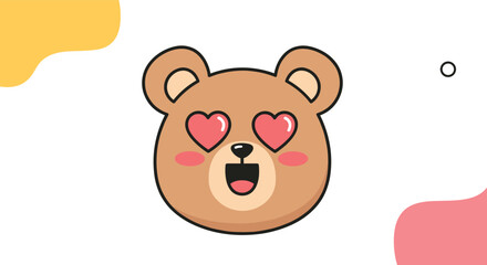 Fototapeta premium An adorable and happy cartoon bear face with big heart-shaped eyes and a cheerful smile against a background with abstract shapes.