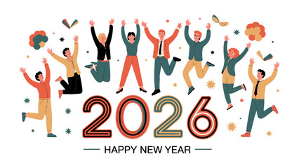Celebration of the Year 2026: A vibrant group of people celebrate the arrival of the New Year, depicted in a modern, cheerful, and forward-looking manner, embodying excitement and anticipation.