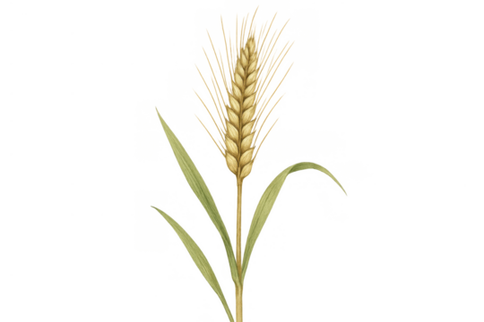 Golden wheat ear with green leaves growing, ripe cereal grain plant, agriculture and harvest food crop - Powered by Adobe