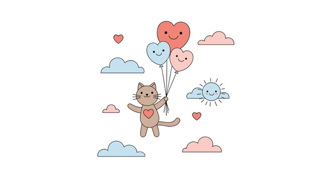 An adorable cartoon illustration of a happy cat floating in the sky with heart-shaped balloons among pink and blue clouds and a sun. - Powered by Adobe