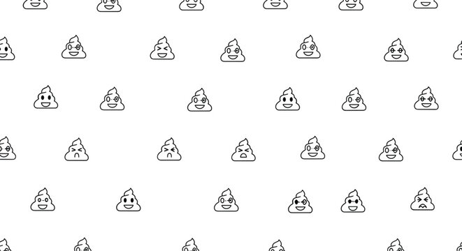A seamless black and white pattern featuring a variety of cute poop emoji characters with different happy and funny facial expressions.