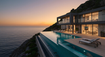 Stunning modern villa overlooking ocean with infinity pool at sunset offers luxury lifestyle getaway vacation