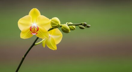 Obraz premium A close-up of a yellow orchid with buds on a stem, set against a soft blurred background.