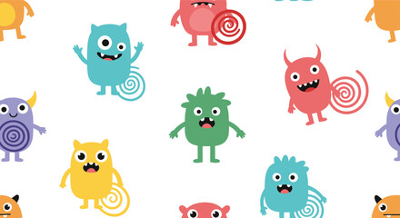Obraz premium A playful and seamless pattern background featuring a variety of colorful and friendly cartoon monsters with funny and happy expressions.