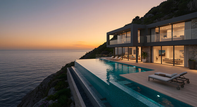 Stunning modern villa overlooking ocean with infinity pool at sunset offers luxury lifestyle getaway vacation - Powered by Adobe