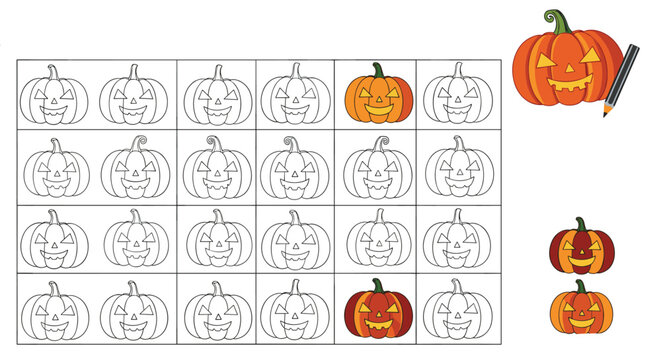 A fun Halloween-themed coloring and logic puzzle game for children, where they need to find and color the correct pumpkin faces.