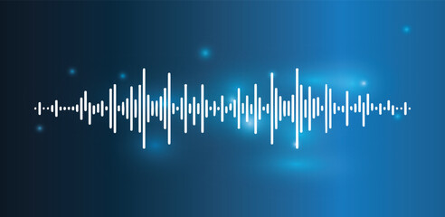 Dynamic sound wave audio equalizer on a blue gradient background with light effects