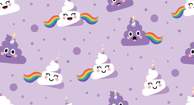A magical and funny seamless pattern featuring cute unicorn poop characters with rainbow tails on a purple background with polka dots.