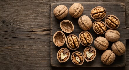 Whole and halved walnuts on rustic wooden surface