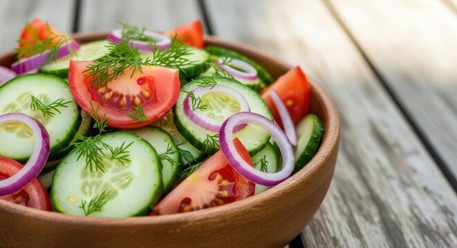 Fresh vegetable salad with cucumbers, tomatoes, red onions, and dill in a wooden bowl - Powered by Adobe