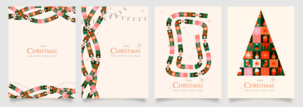 A set of festive cards featuring looping garlands and a geometric tree made of colorful Christmas icons on soft backgrounds, creating a cheerful seasonal mood for holiday and year-end greetings.