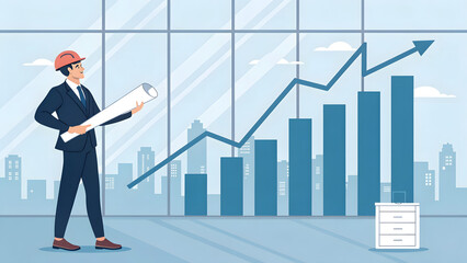 Architect reviewing blueprints with rising business growth chart in modern office