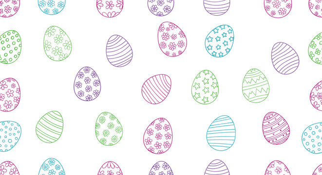 A colorful and seamless Easter pattern background featuring hand-drawn decorated eggs in various festive colors on a white field.