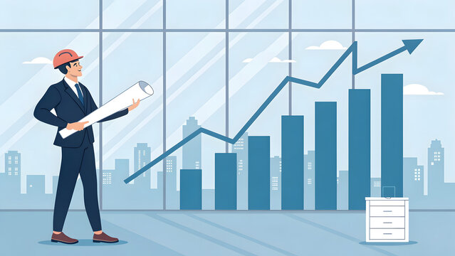 Architect reviewing blueprints with rising business growth chart in modern office
