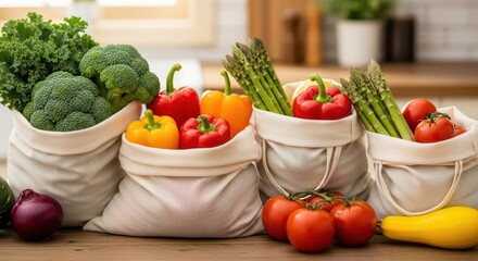 Fresh organic vegetables in eco-friendly bags: kale, broccoli, peppers, asparagus, tomatoes