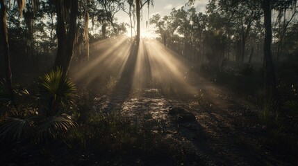 Fototapeta premium Ethereal Sunbeams Pierce Through Misty Swamp Forest Canopy, Illuminating a Serene, Untamed Landscape