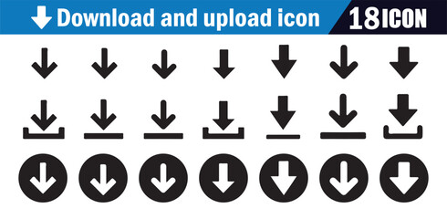 Download and upload icon set. Vector collection of 18 black arrow and circular button symbols for web interface.
