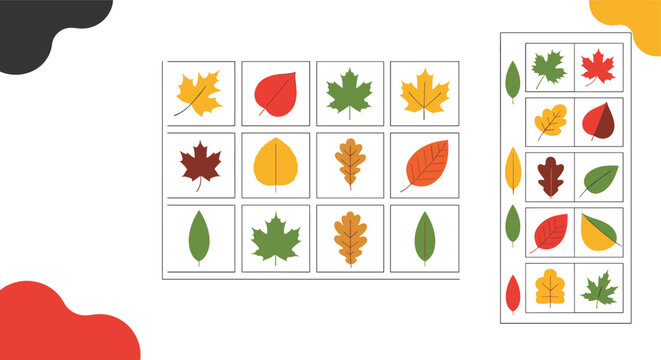 A matching or memory game for children featuring a variety of colorful autumn leaves like maple and oak in a grid layout.