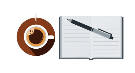 Top view of a coffee cup with an open notebook and pen.