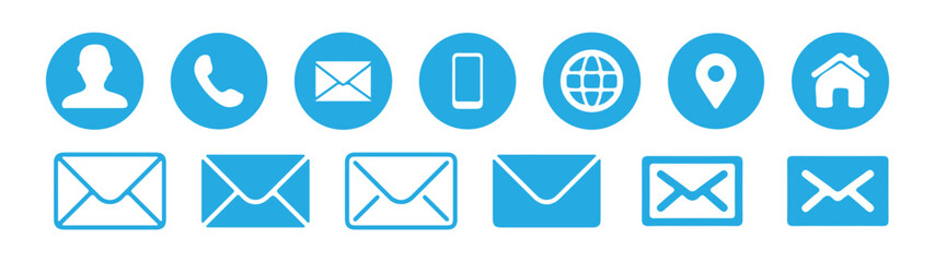 Set of vector contact information icons with email and phone symbols on blue background