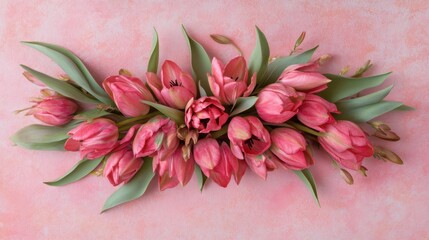Elegant arrangement of fresh pink tulips blossoming on a soft pastel backdrop