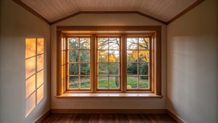 Small Residential Unit Spacious room with large wooden windows showcasing nature outside.