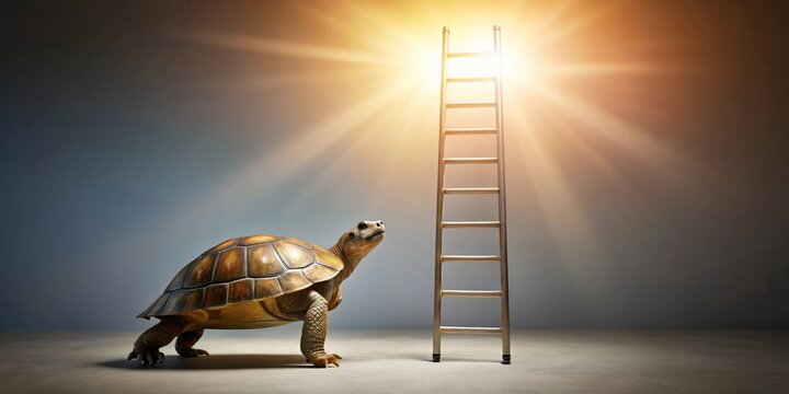 A Determined Tortoise Gazes Towards a Brightly Lit Ladder, Symbolic of Perseverance and the Pursuit of Goals