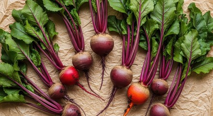 Fresh organic beetroots with greens on crumpled brown paper background