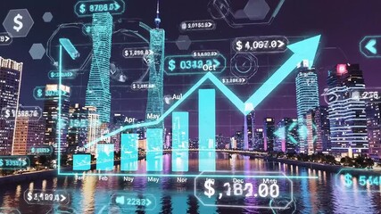 Digital financial growth charts overlaid on a futuristic city skyline at night, symbolizing economic progress and investment success. - Powered by Adobe